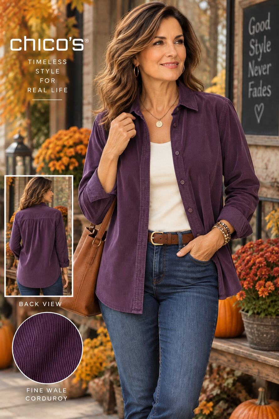 Chico’s Size 2 Purple Corduroy Button Down Shirt Stretch Cotton